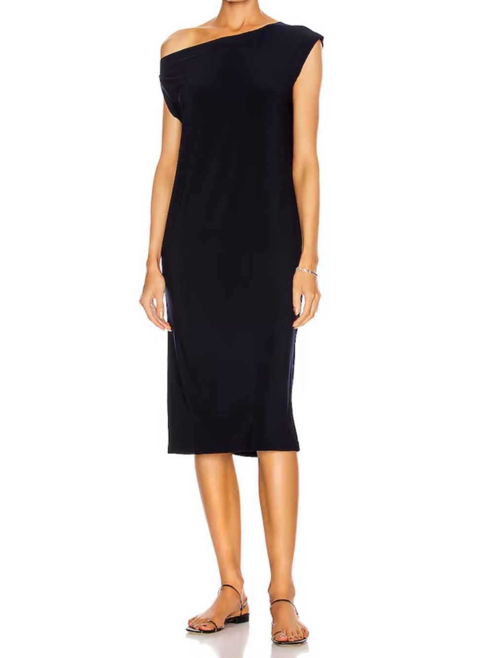 Norma Kamali NWT Midnight Blue Drop Shoulder Draped Midi Dress Size M/38